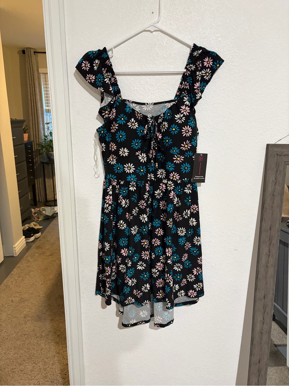No Boundaries Black Floral Tie-Front Dress with Blue, Pink & Yellow Daisies